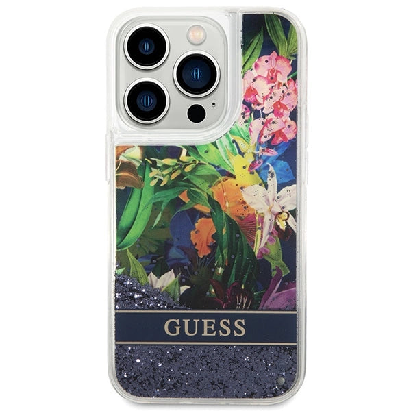 Guess GUHCP14LLFLSB iPhone 14 Pro 6.1 "blå / blå hardcase Flower Liquid Glitter