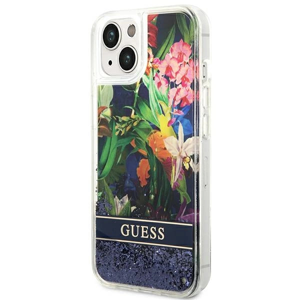 Guess GUHCP14SLFLSB iPhone 14 6.1 "blå / blå hardcase Flower Liquid Glitter