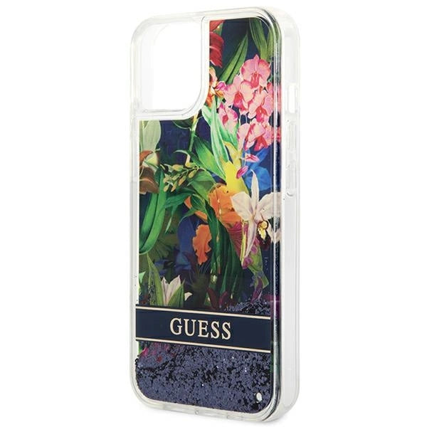 Guess GUHCP14SLFLSB iPhone 14 6.1 "blå / blå hardcase Flower Liquid Glitter