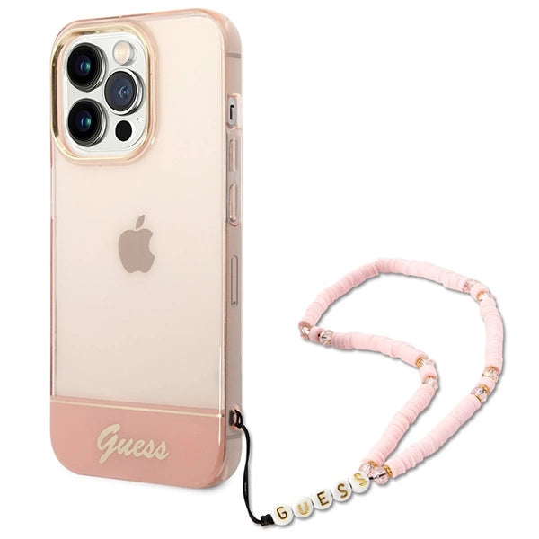 Guess GUHCP14XHGCOHP iPhone 14 Pro Max 6.7" pink/pink hårdkasse Gennemskinnelig perlestrop
