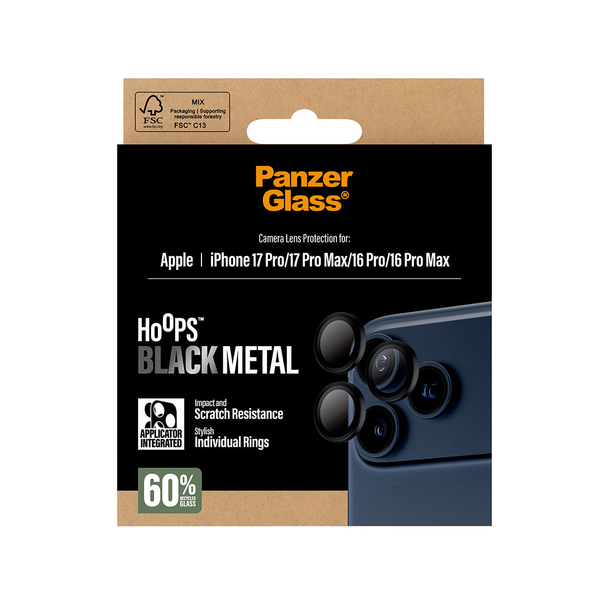 PanzerGlass ® Hoops® Sort Kameralinsebeskytter iPhone 17 Pro | iPhone 17 Pro Max | iPhone 16 Pro | 16 Pro Max