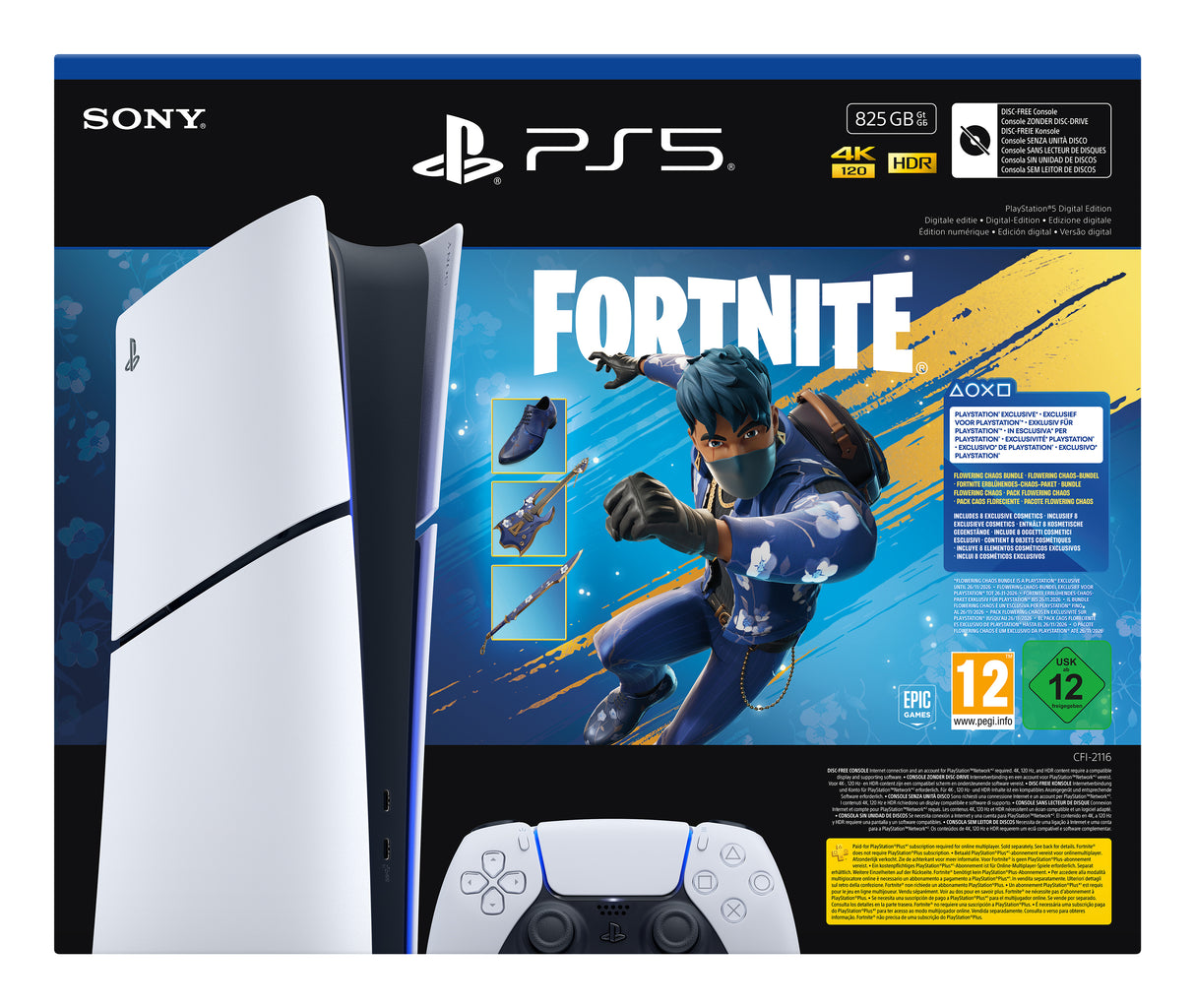 Sony PlayStation 5 Digital Edition - Fortnite Flowering Chaos Bundle 825 GB Wi-Fi Sort, Hvid