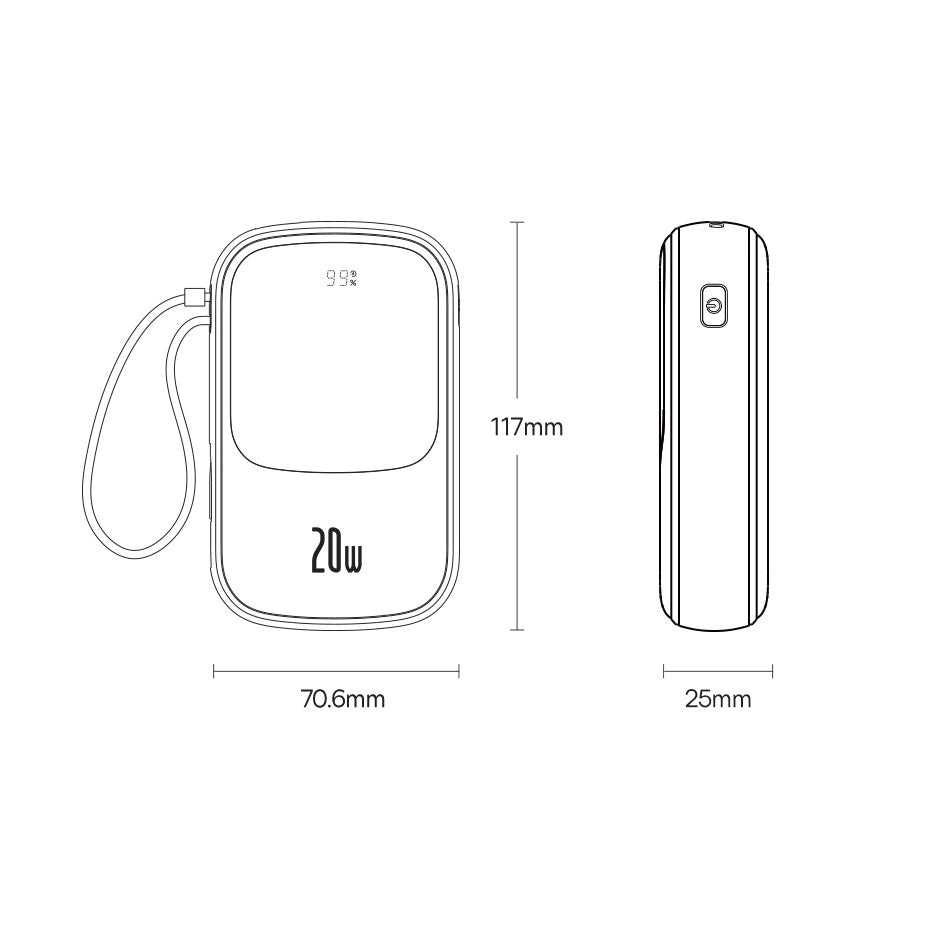 Powerbank 10000mAh 20W Baseus Qpow Pro Overseas Edition + USB C 3A Kabel - sort