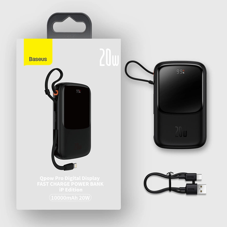 Powerbank 10000mAh 20W Baseus Qpow Pro Overseas Edition + USB C 3A Kabel - sort