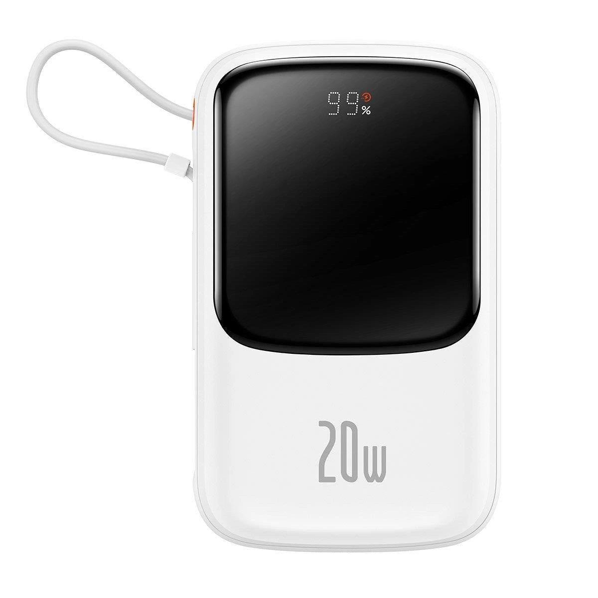 Baseus Qpow Digital Display Power Bank med hurtig opladning 10000mAh 20W QC/PD/SCP/FCP med indbygget lynkabel Hvid