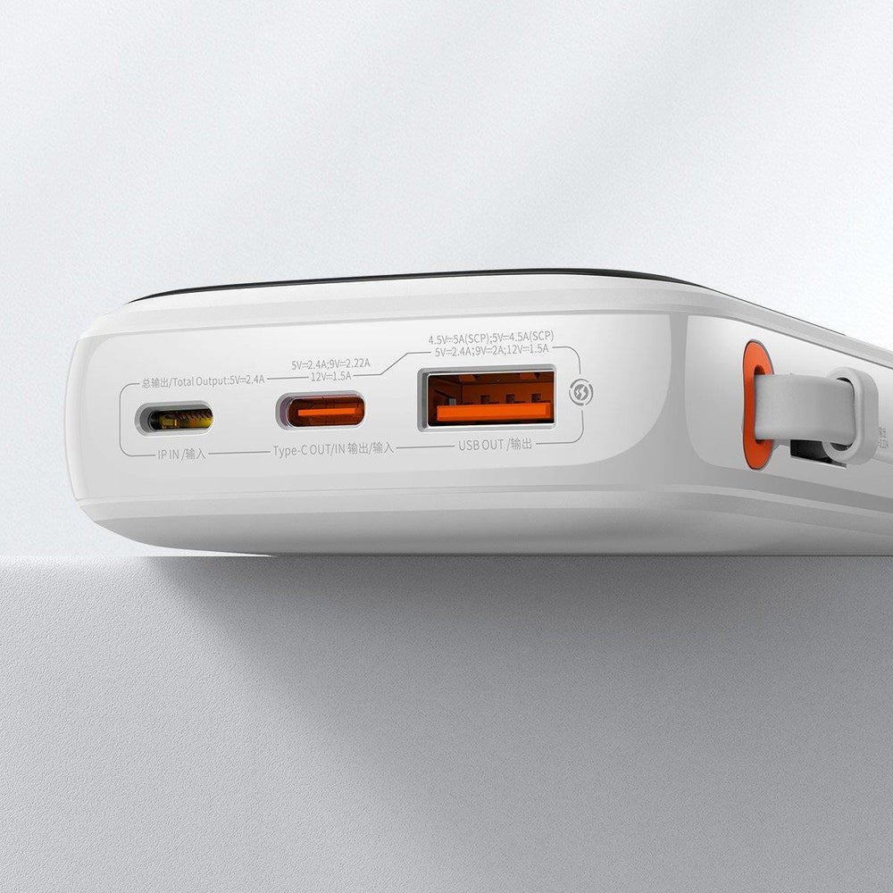 Baseus Qpow Digital Display Power Bank with Fast Charging 10000mAh 20W QC/PD/SCP/FCP with Built-in Lightning Cable White