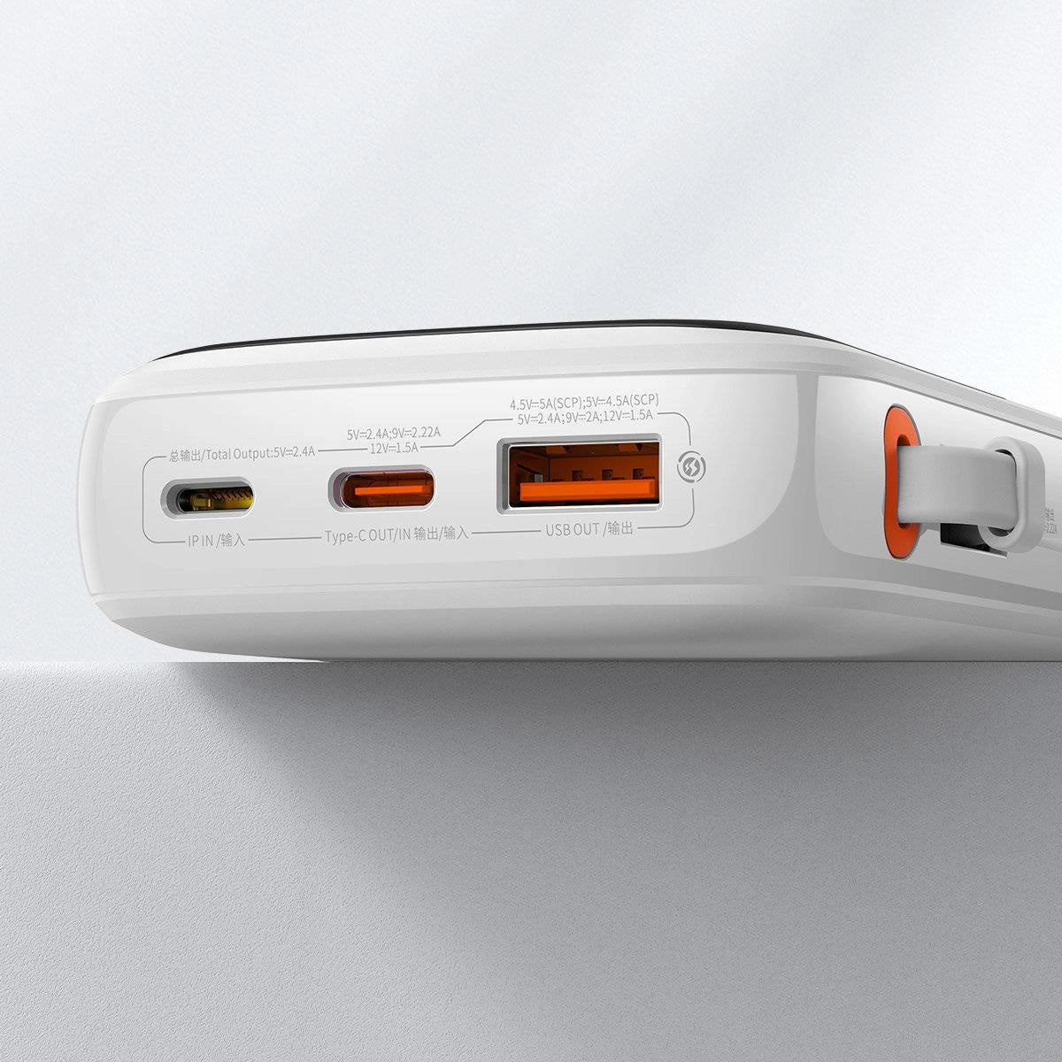 Baseus Qpow Digital Display Power Bank med hurtig opladning 10000mAh 20W QC/PD/SCP/FCP med indbygget lynkabel Hvid