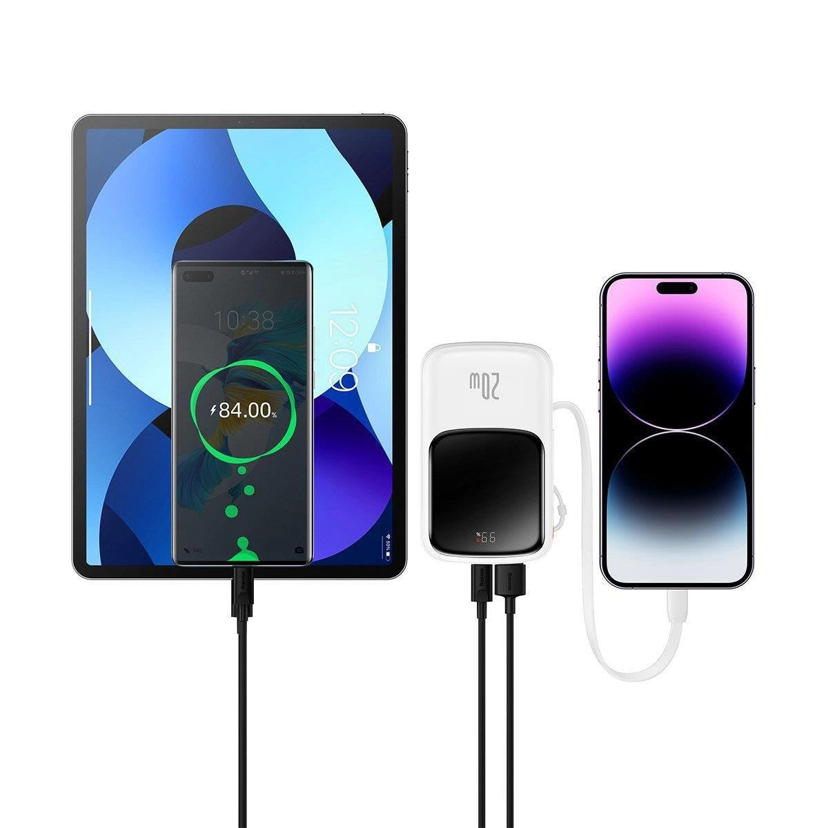 Baseus Qpow Digital Display Power Bank med hurtig opladning 10000mAh 20W QC/PD/SCP/FCP med indbygget lynkabel Hvid