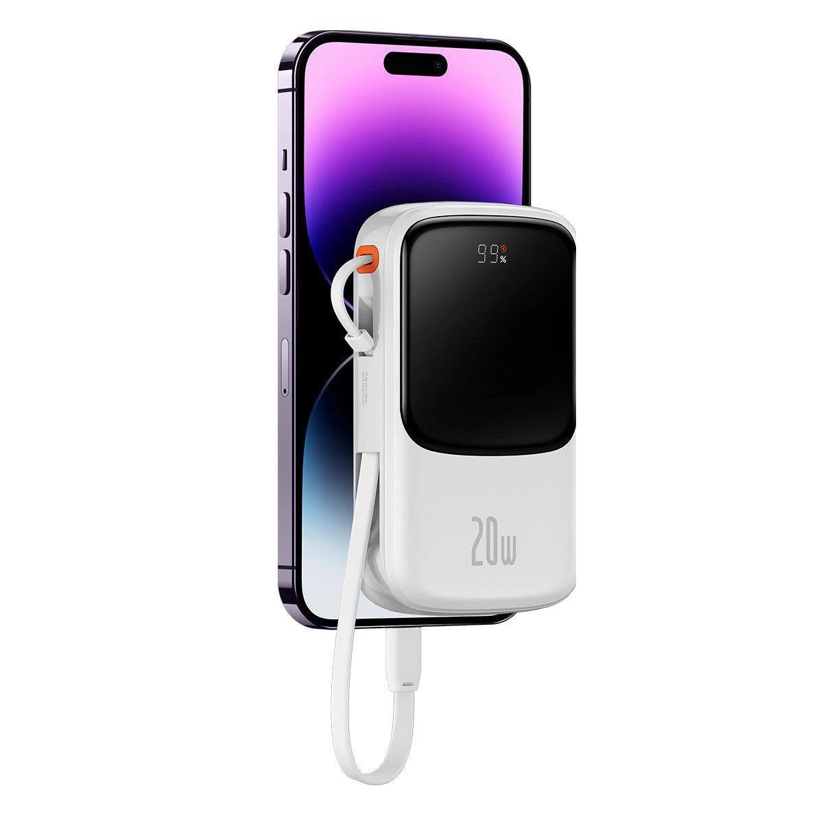 Baseus Qpow Digital Display Power Bank med hurtig opladning 10000mAh 20W QC/PD/SCP/FCP med indbygget lynkabel Hvid