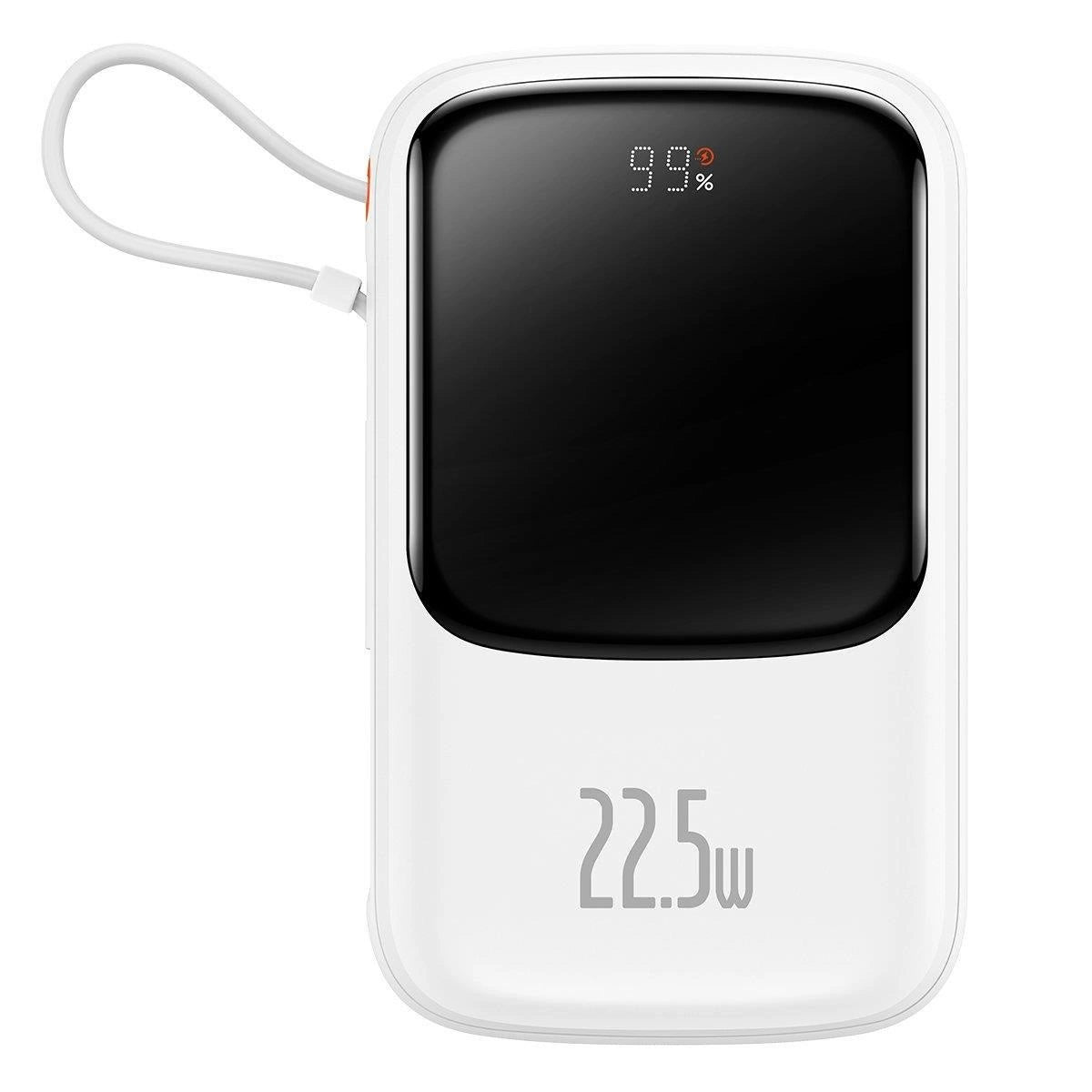 Baseus Qpow Digital Display powerbank med hurtig opladning 10000mAh 22.5W QC/PD/SCP/FCP med indbygget USB-C kabel hvid