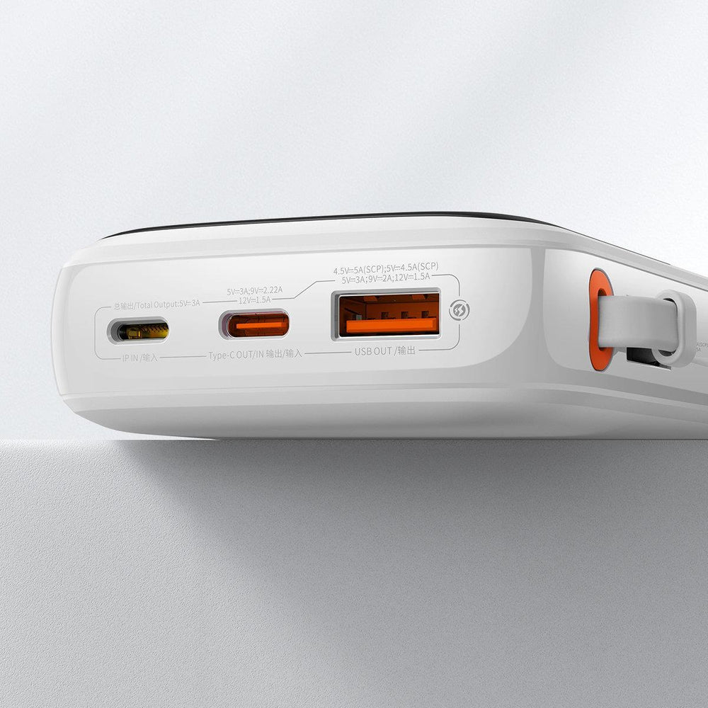 Baseus Qpow Digital Display powerbank with fast charging 10000mAh 22.5W QC/PD/SCP/FCP with built-in USB-C cable white