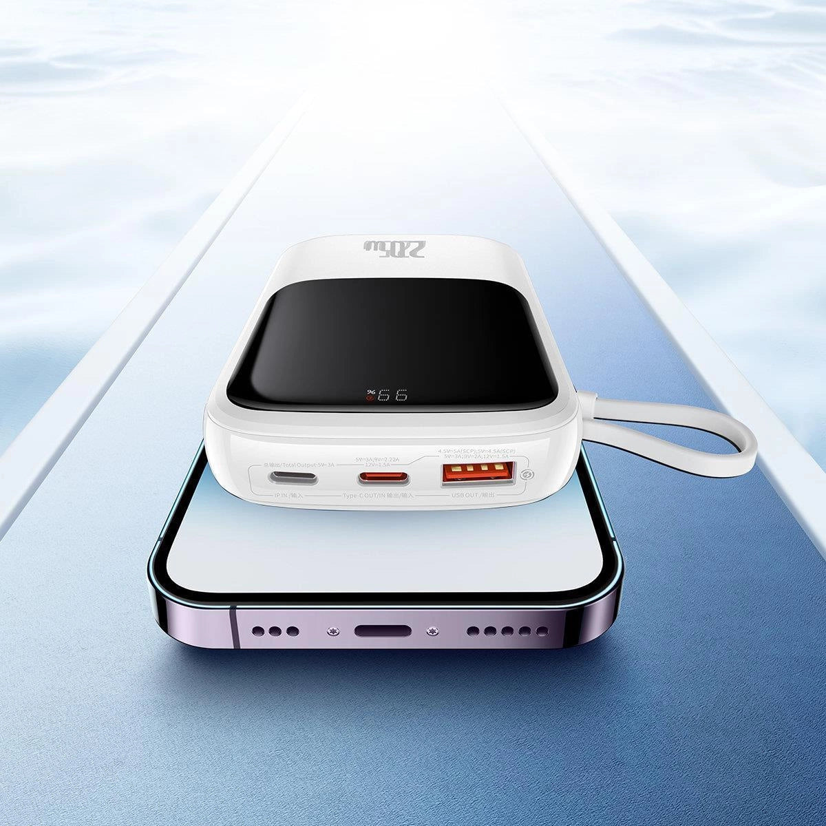 Baseus Qpow Digital Display powerbank med hurtig opladning 10000mAh 22.5W QC/PD/SCP/FCP med indbygget USB-C kabel hvid