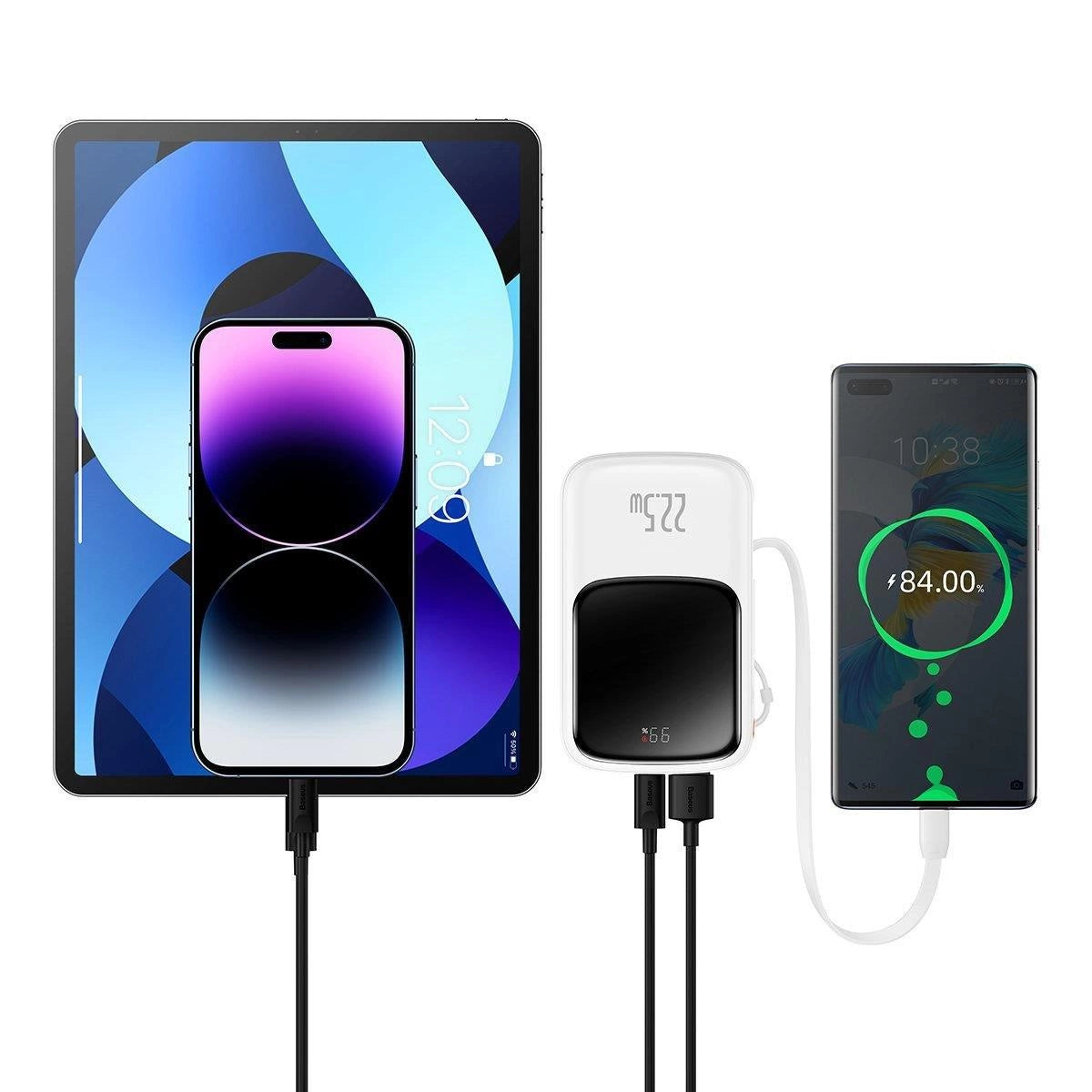 Baseus Qpow Digital Display powerbank med hurtig opladning 10000mAh 22.5W QC/PD/SCP/FCP med indbygget USB-C kabel hvid