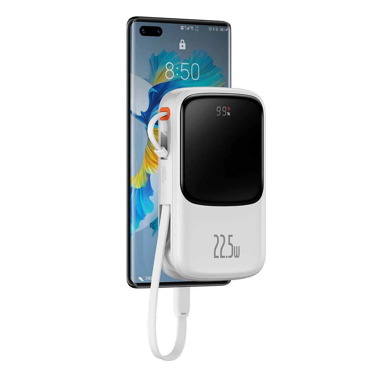Baseus Qpow Digital Display powerbank med hurtig opladning 10000mAh 22.5W QC/PD/SCP/FCP med indbygget USB-C kabel hvid