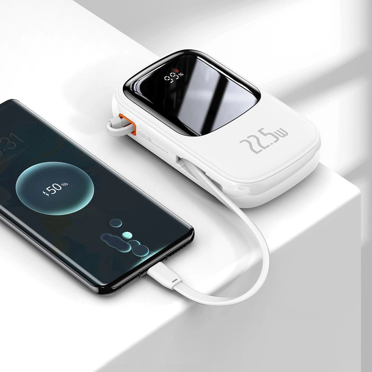 Baseus Qpow Digital Display powerbank med hurtig opladning 20000mAh 22,5W QC / PD / SCP / FCP med indbygget USB-C kabel hvid