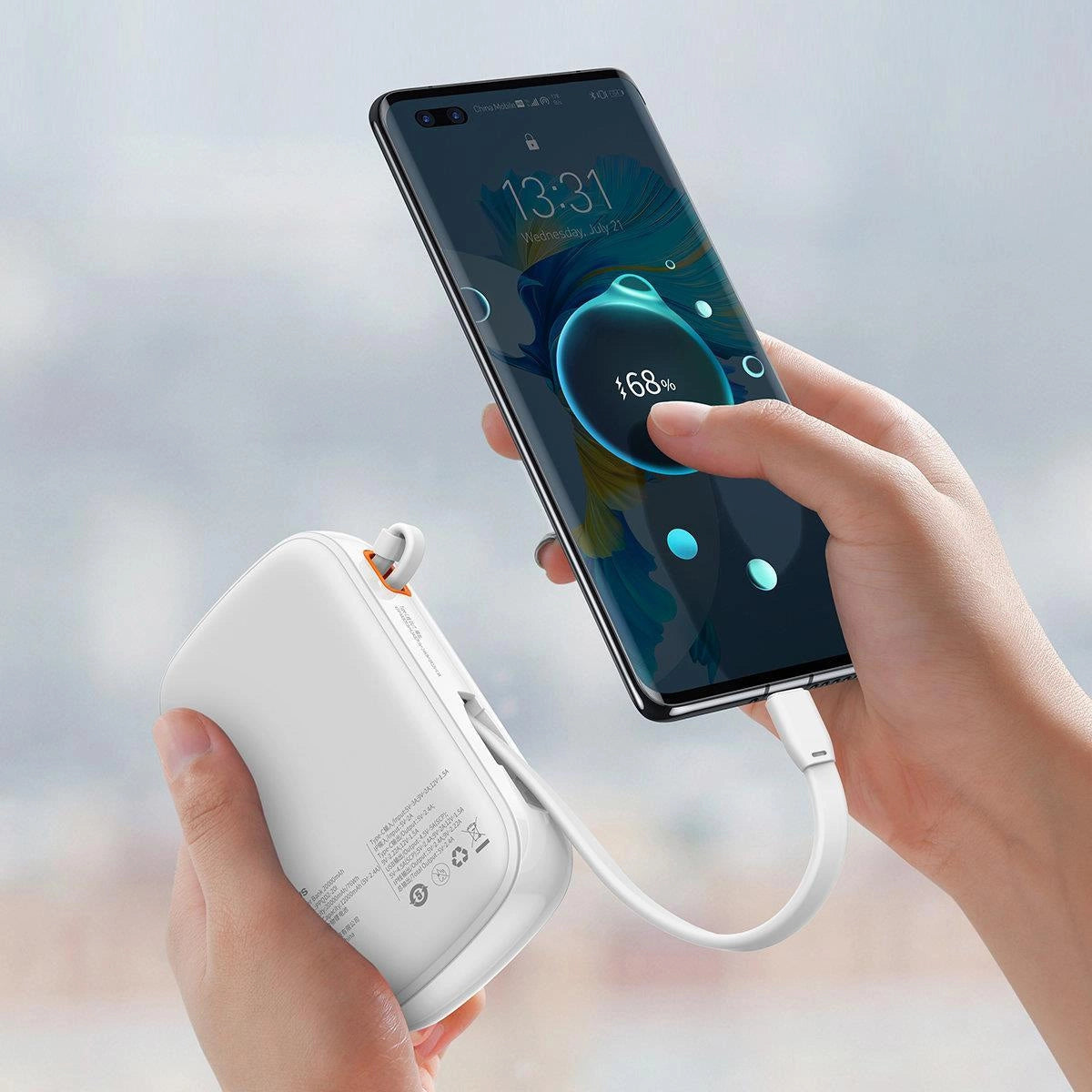 Baseus Qpow Digital Display powerbank med hurtig opladning 20000mAh 22,5W QC / PD / SCP / FCP med indbygget USB-C kabel hvid