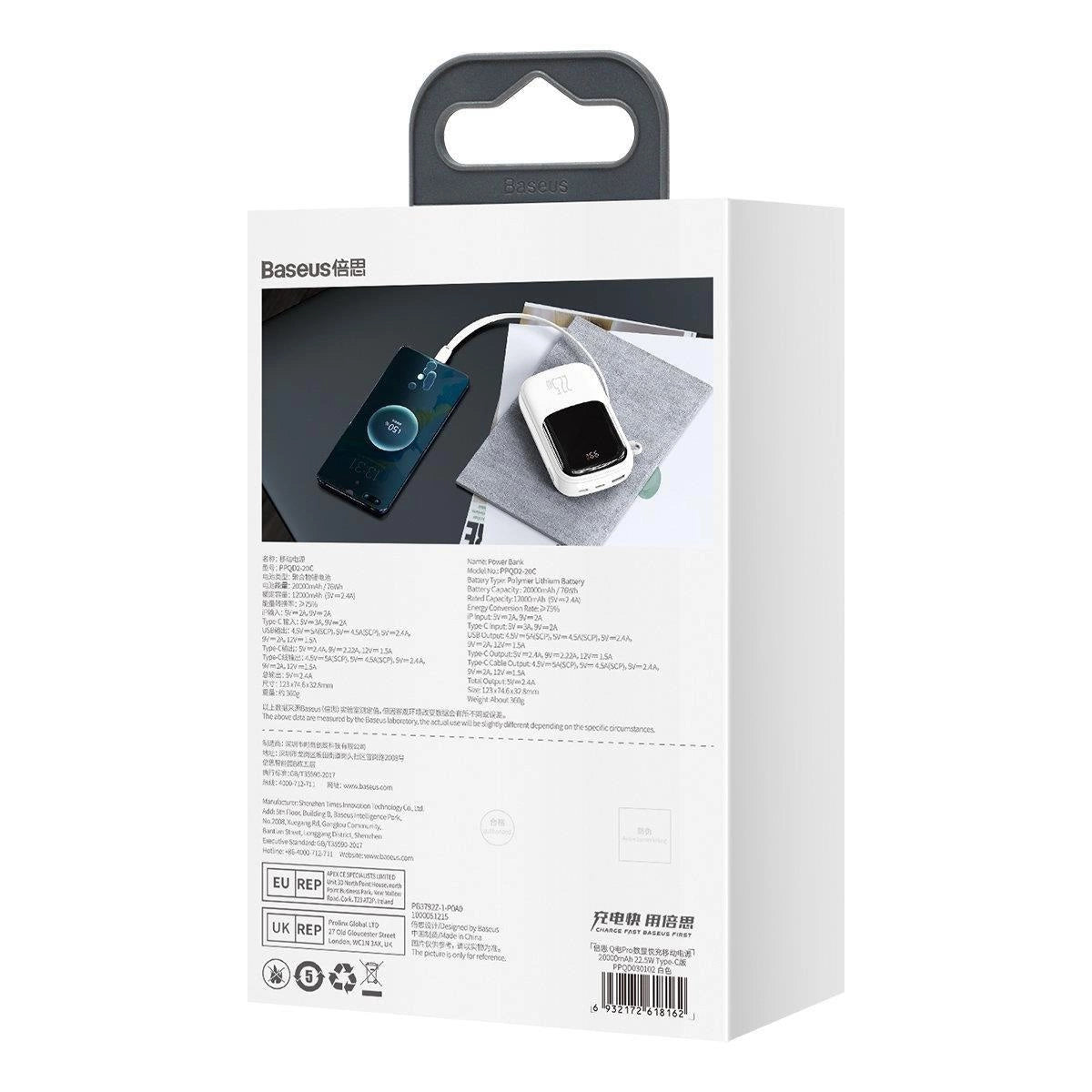 Baseus Qpow Digital Display powerbank med hurtig opladning 20000mAh 22,5W QC / PD / SCP / FCP med indbygget USB-C kabel hvid