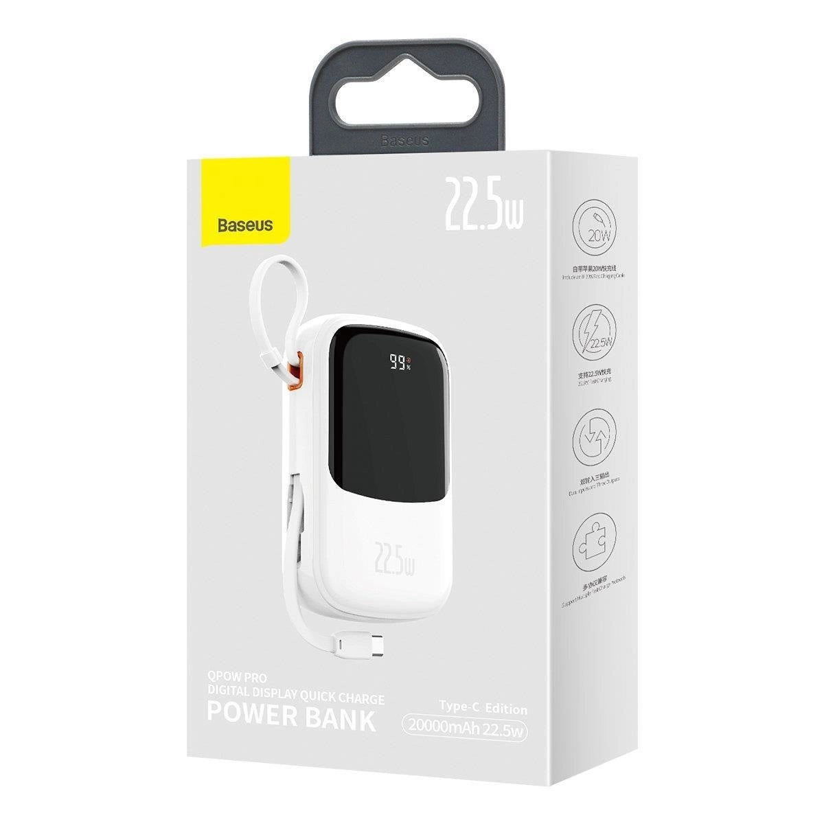 Baseus Qpow Digital Display powerbank med hurtig opladning 20000mAh 22,5W QC / PD / SCP / FCP med indbygget USB-C kabel hvid
