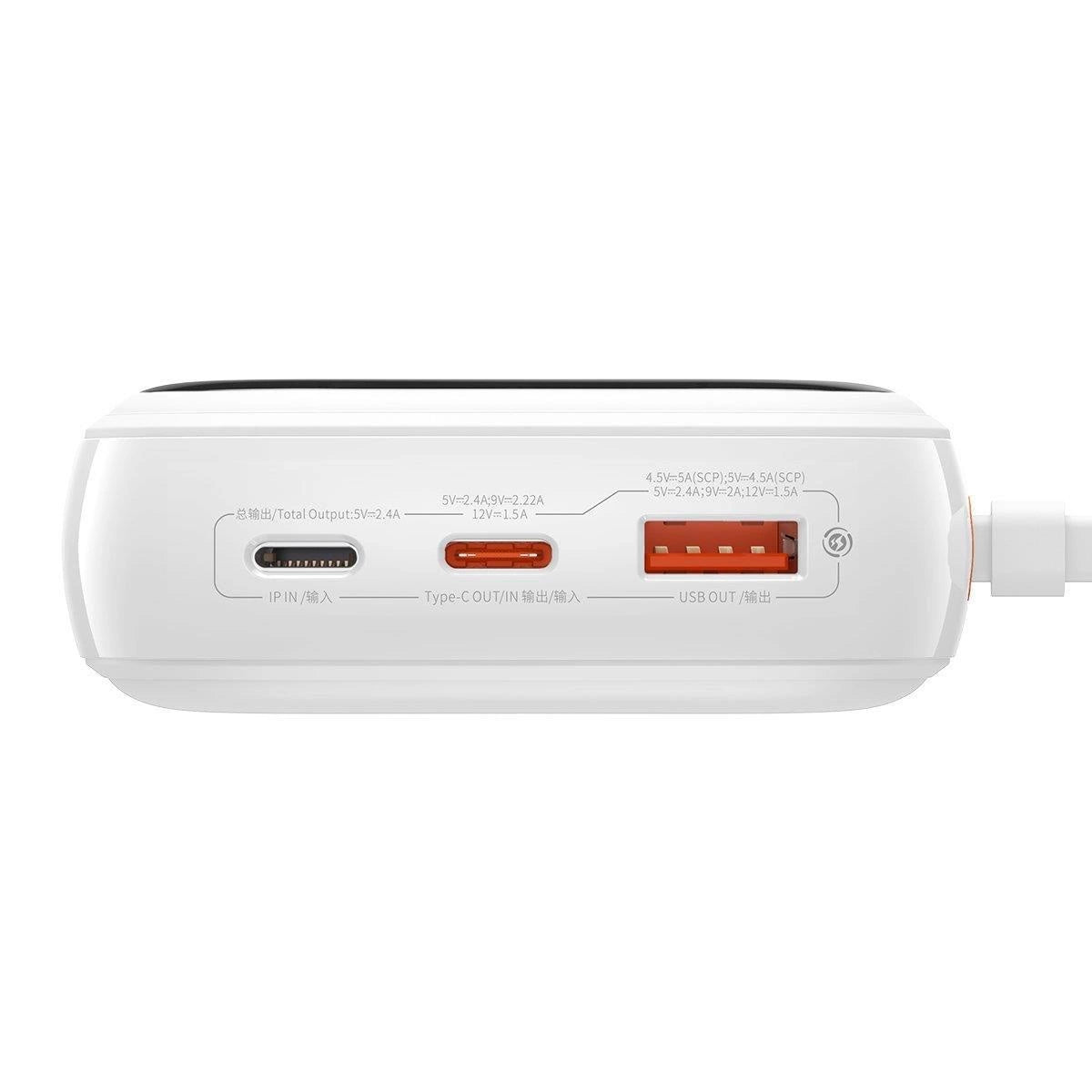 Baseus Qpow Digital Display powerbank med hurtig opladning 20000mAh 22,5W QC / PD / SCP / FCP med indbygget USB-C kabel hvid