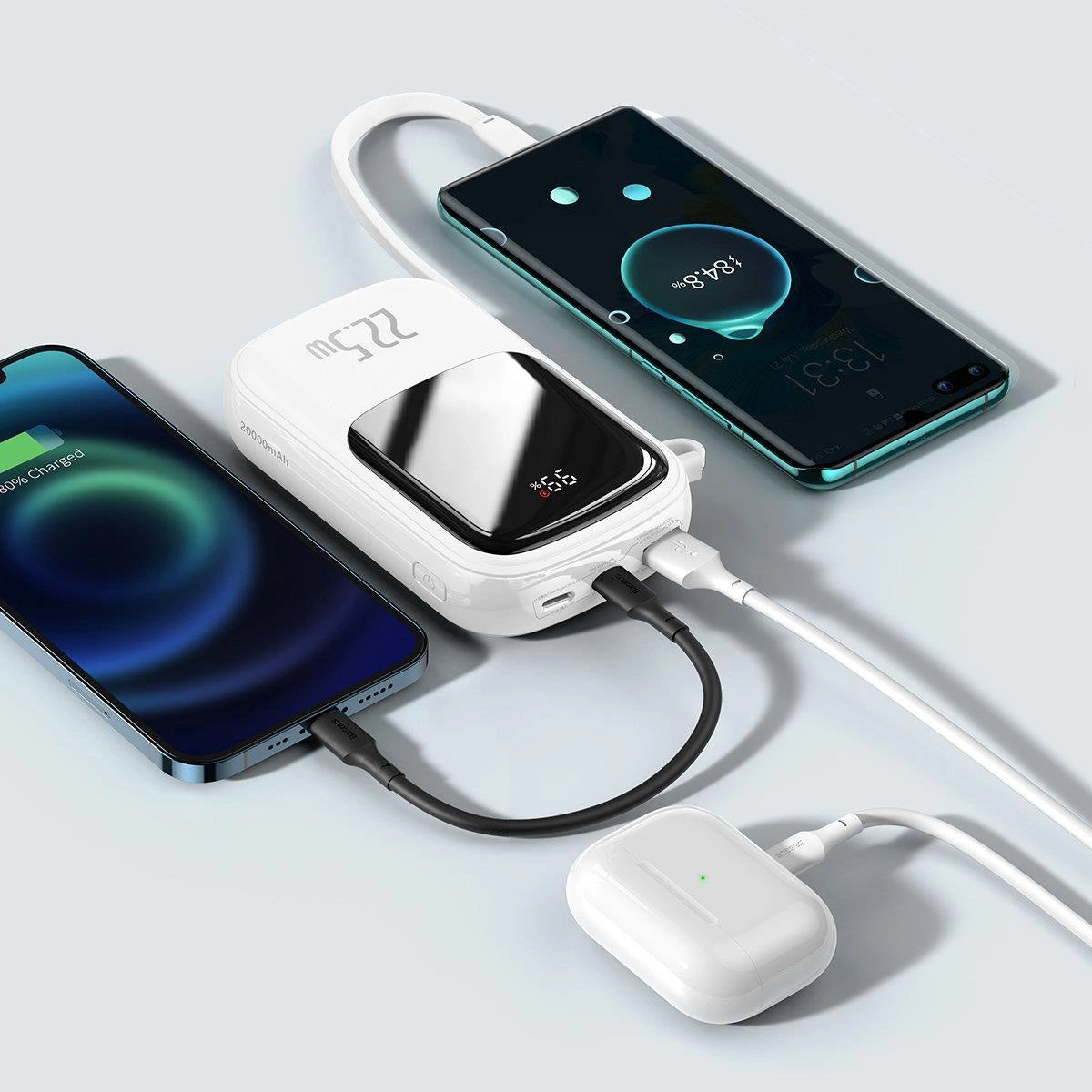 Baseus Qpow Digital Display powerbank med hurtig opladning 20000mAh 22,5W QC / PD / SCP / FCP med indbygget USB-C kabel hvid