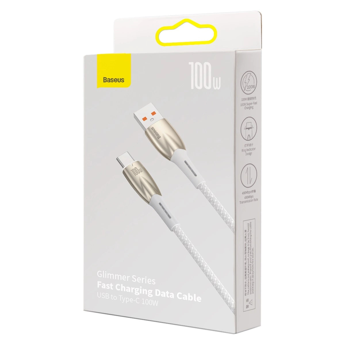 Baseus Glimmer Series hurtigopladningskabel USB-A - USB-C 100W 480Mbps 1m hvid