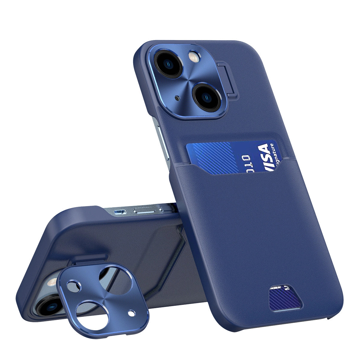 Læder Stand Case for iPhone 14 cover kort tegnebog med stand blå