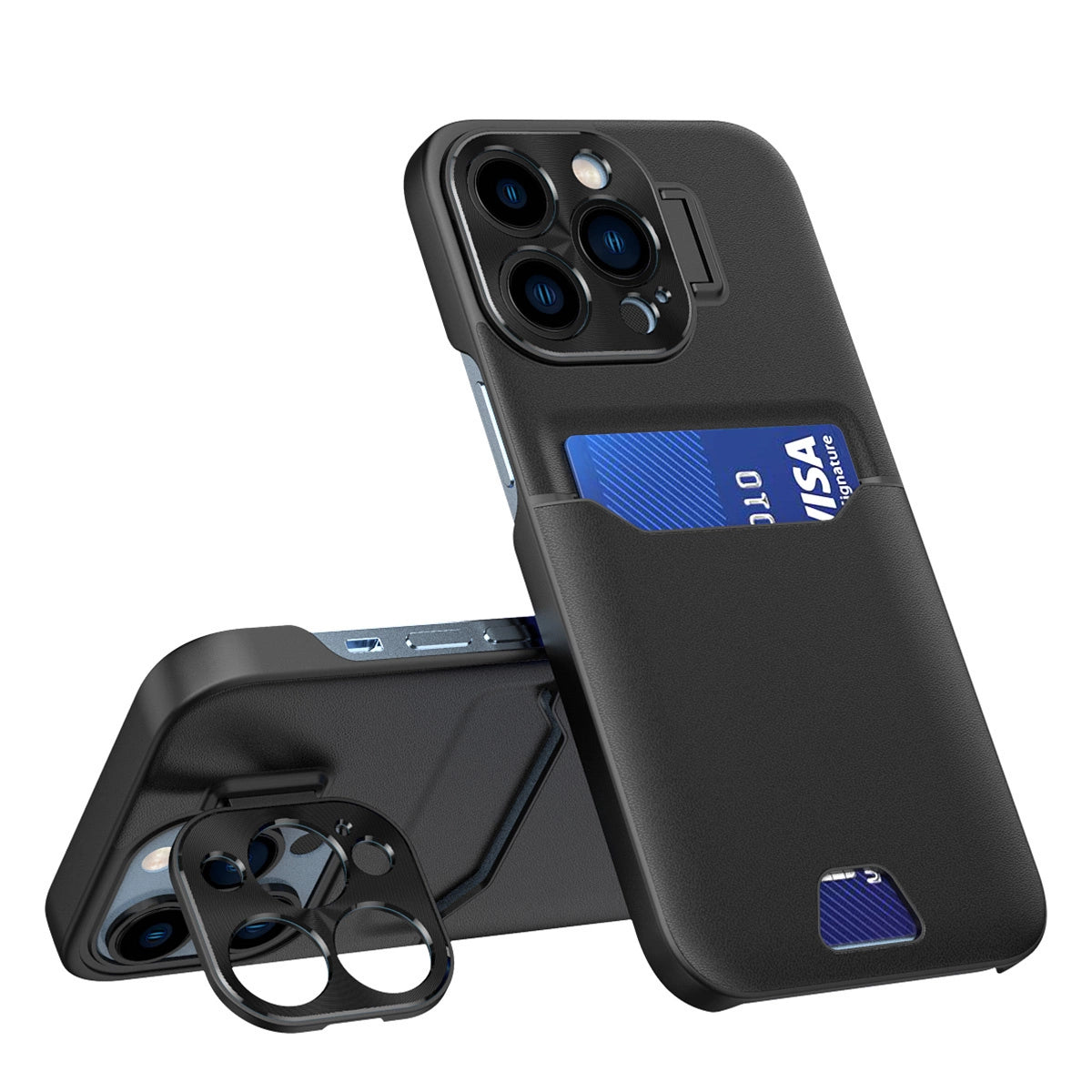 Læder Stand Case for iPhone 14 Pro Max cover kort tegnebog med stand sort