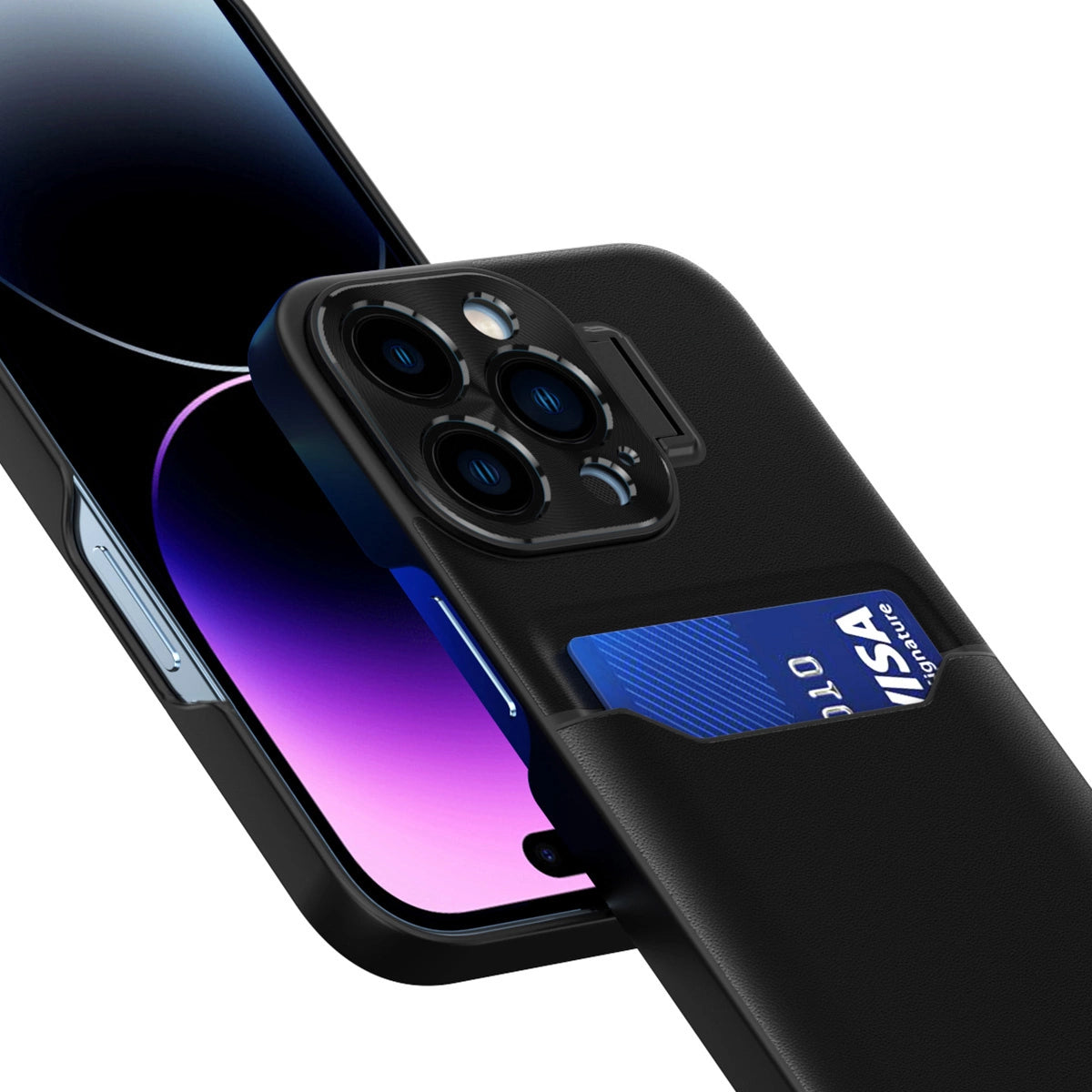 Læder Stand Case for iPhone 14 Pro Max cover kort tegnebog med stand sort
