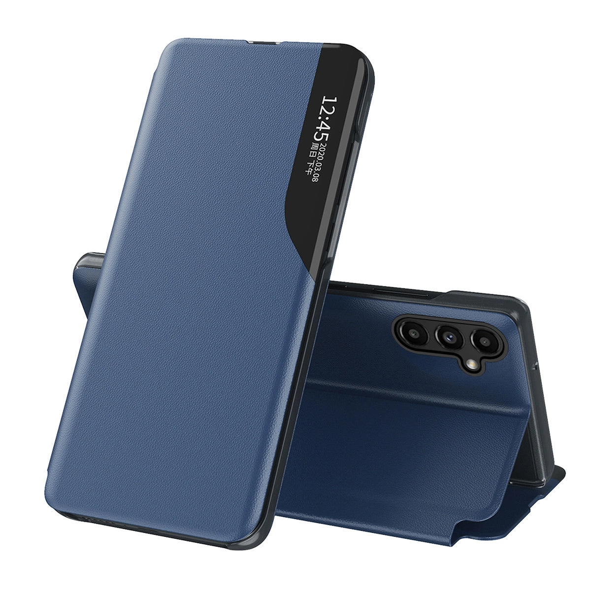 Eco Leather View Case cover til Samsung Galaxy A14 med flip stand blå