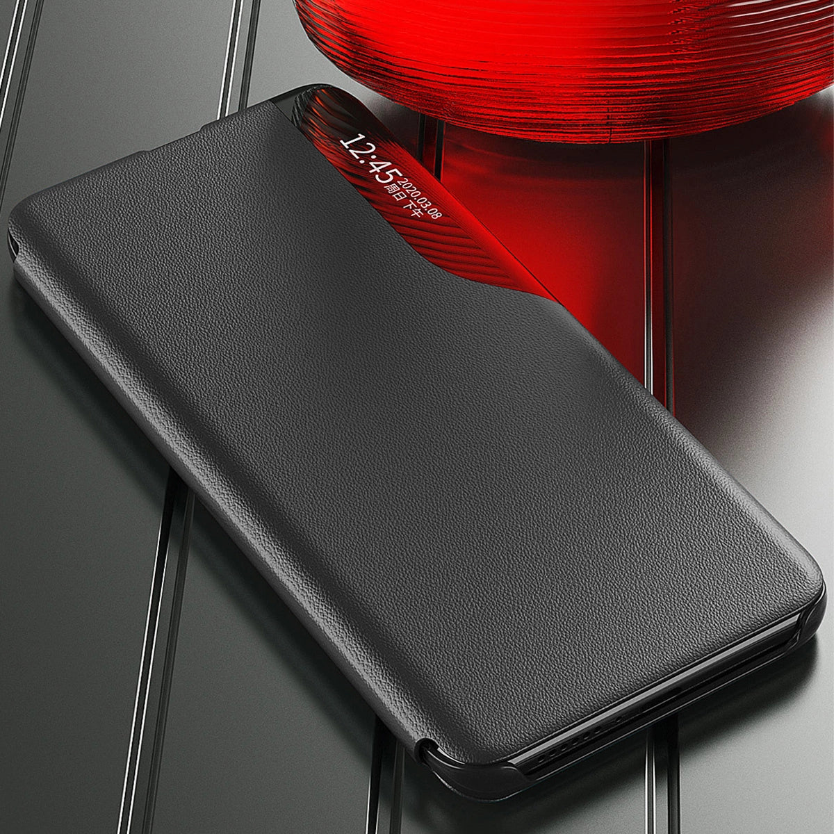 Eco Leather View Case cover til Samsung Galaxy A14 med flip stand blå