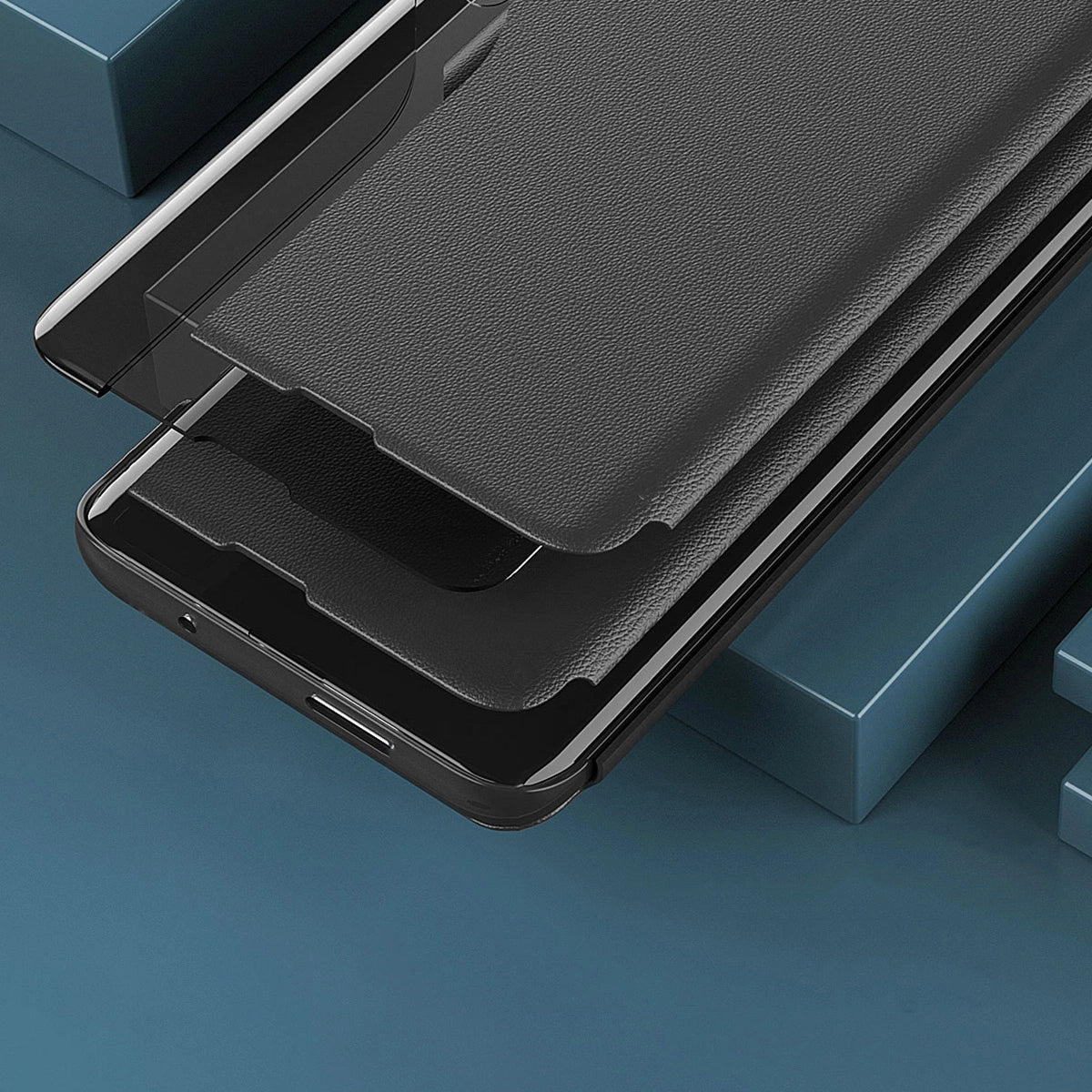Eco Leather View Case cover til Samsung Galaxy A14 med flip stand blå