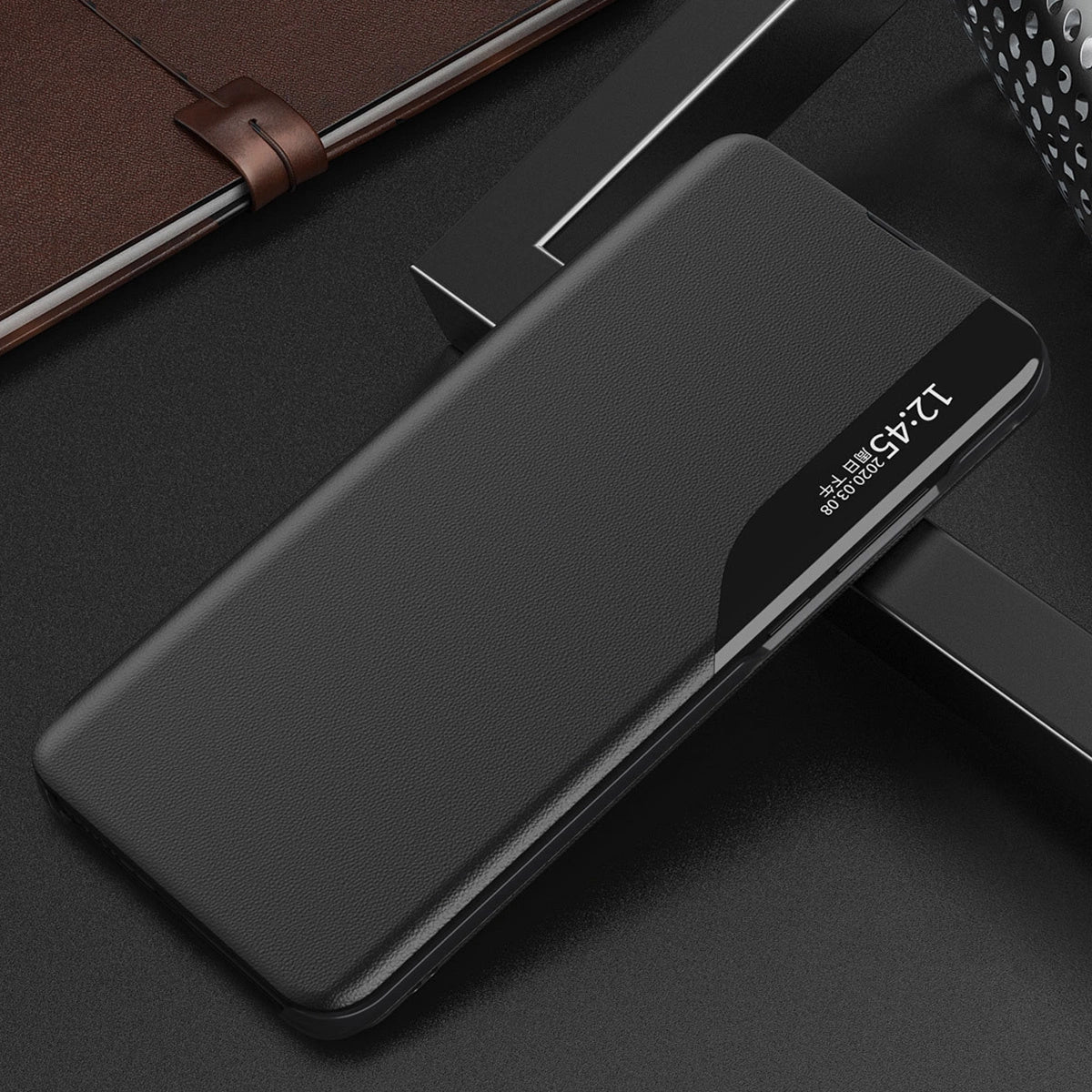 Eco Leather View Case cover til Samsung Galaxy A14 med flip stand blå