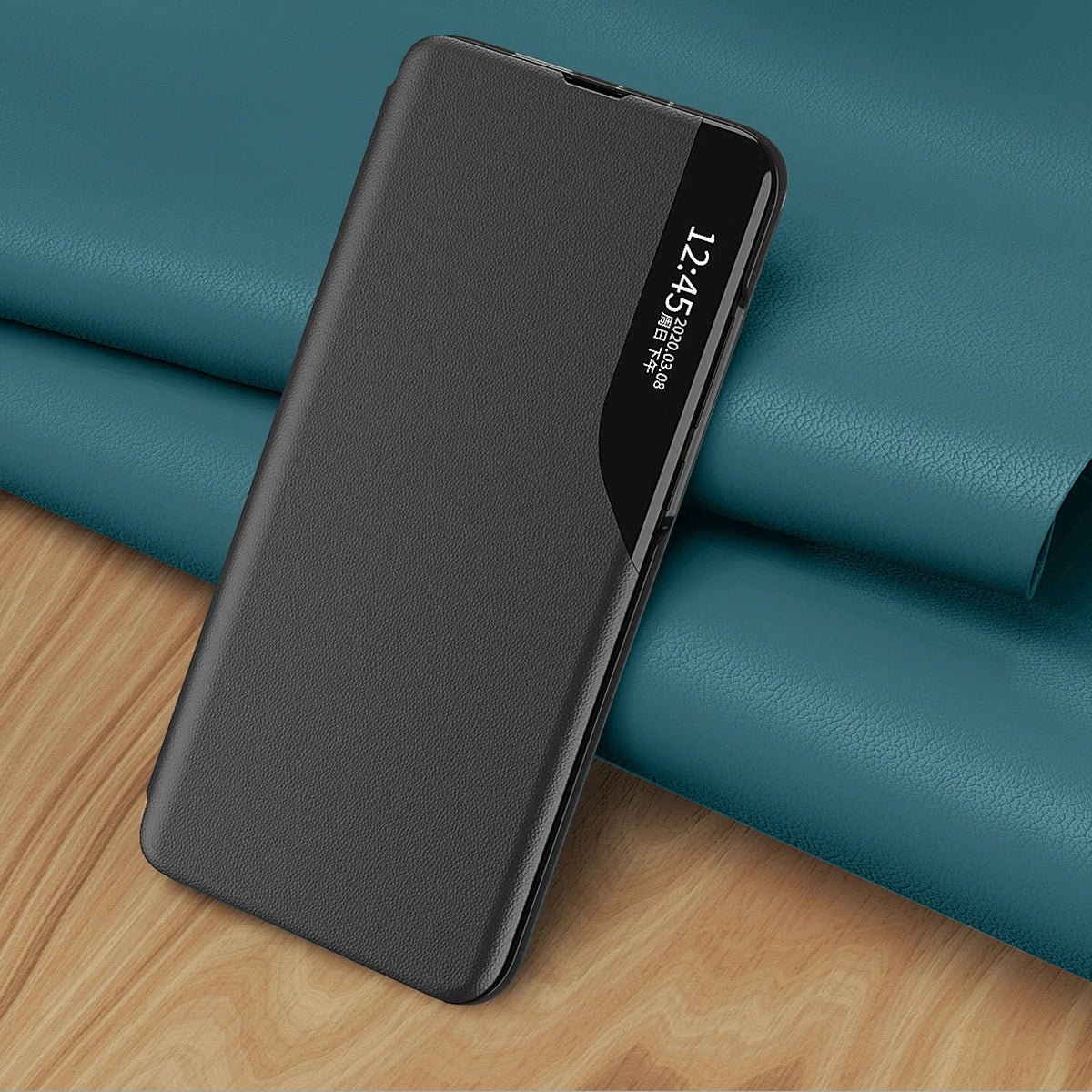 Eco Leather View Case cover til Samsung Galaxy A14 med flip stand blå