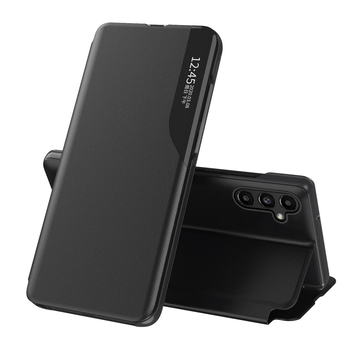 Eco læder View Case case til Samsung Galaxy A14 med flip stand sort