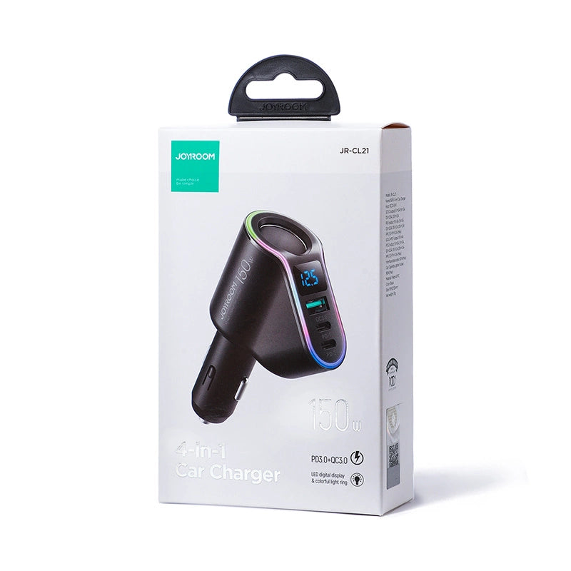 Joyroom hurtigbiloplader 4in1 USB-A QC3.0 / 2xUSB-C PD 150W sort (JR-CL21)