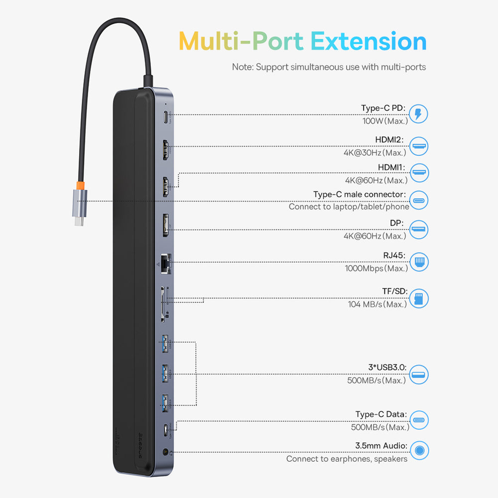 Baseus EliteJoy Gen2 Universal 12-in-1 USB HUB with 25cm USB-C Cable, Notebook Stand, USB-A / USB-C / DP / HDMI / SD / TF / RJ45 / 3.5mm Jack / PD 100W Gray (WKSX030213)