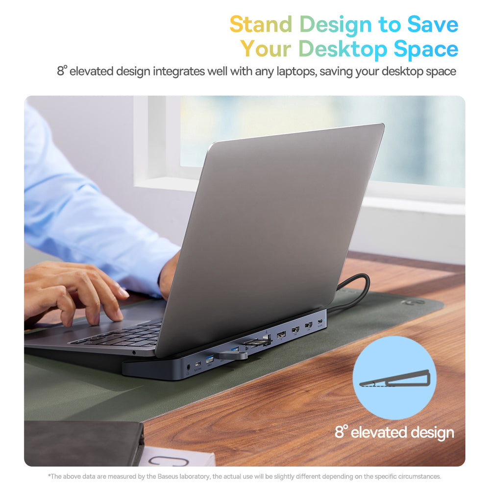 Baseus EliteJoy Gen2 Universal 12-in-1 USB HUB with 25cm USB-C Cable, Notebook Stand, USB-A / USB-C / DP / HDMI / SD / TF / RJ45 / 3.5mm Jack / PD 100W Gray (WKSX030213)