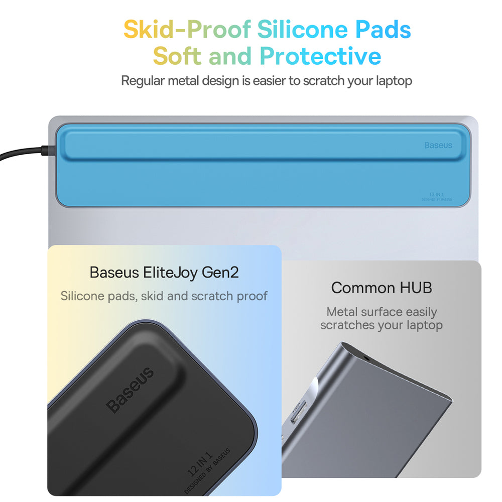 Baseus EliteJoy Gen2 Universal 12-in-1 USB HUB with 25cm USB-C Cable, Notebook Stand, USB-A / USB-C / DP / HDMI / SD / TF / RJ45 / 3.5mm Jack / PD 100W Gray (WKSX030213)