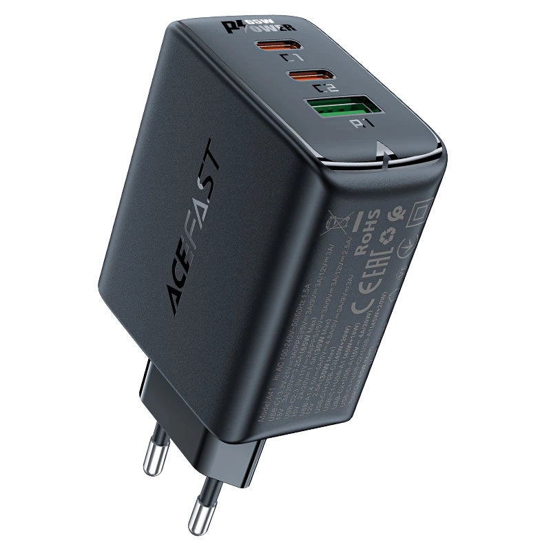 Acefast hurtigoplader GaN (2xUSB-C / USB-A) PPS / PD / QC4+ 65W sort (A41)