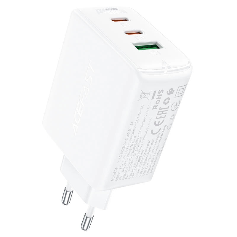 Acefast hurtigoplader GaN (2x USB-C / USB-A) PPS / PD / QC4 + 65W hvid (A41)