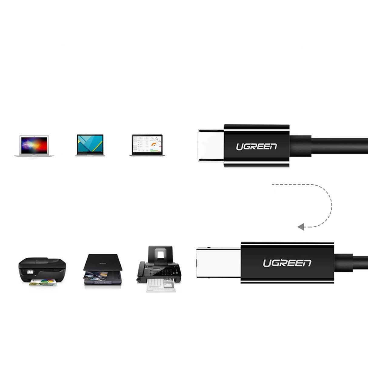 Ugreen printer kabel USB-C - USB-B 480Mb/s 2m sort (US241)