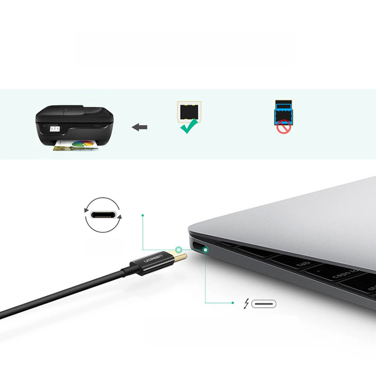 Ugreen printer kabel USB-C - USB-B 480Mb/s 2m sort (US241)