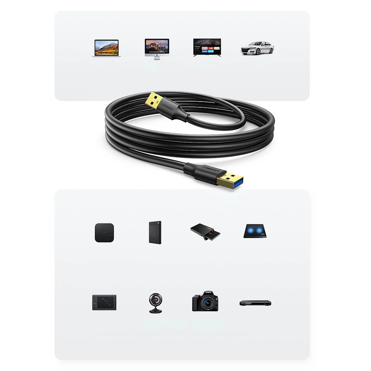 Ugreen US128 10369 USB-A 3.0 / USB-A 3.0 5Gb/s 0,5m kabel - sort