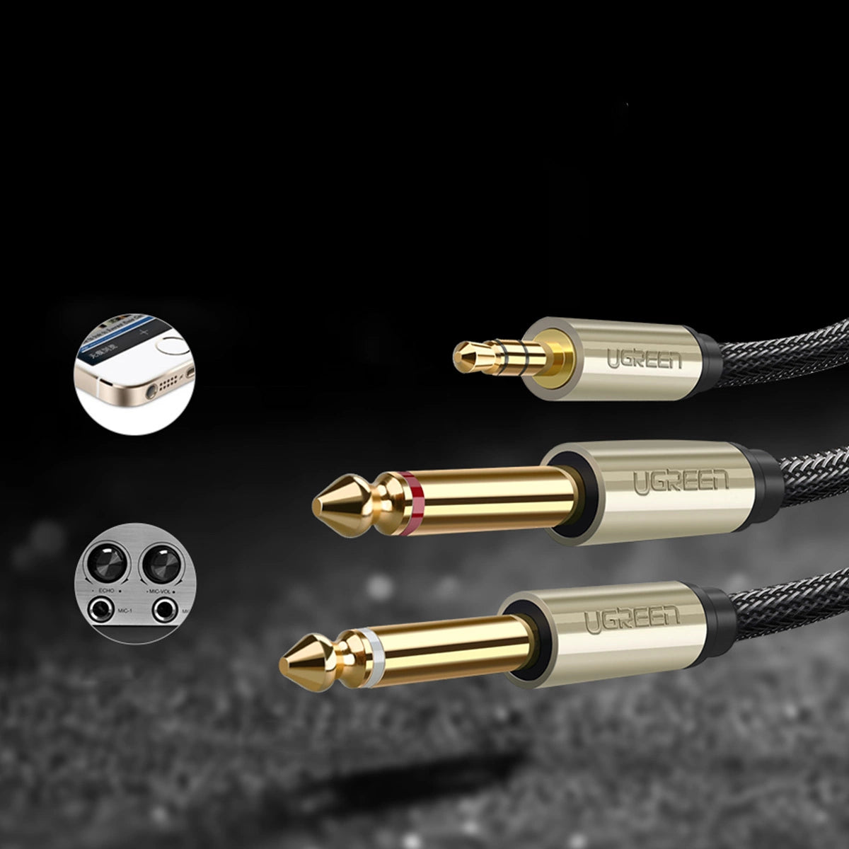 Ugreen audio kabel mini jack 3,5 mm - 2 x jack 6,35 mm 2 m grå (AV126)