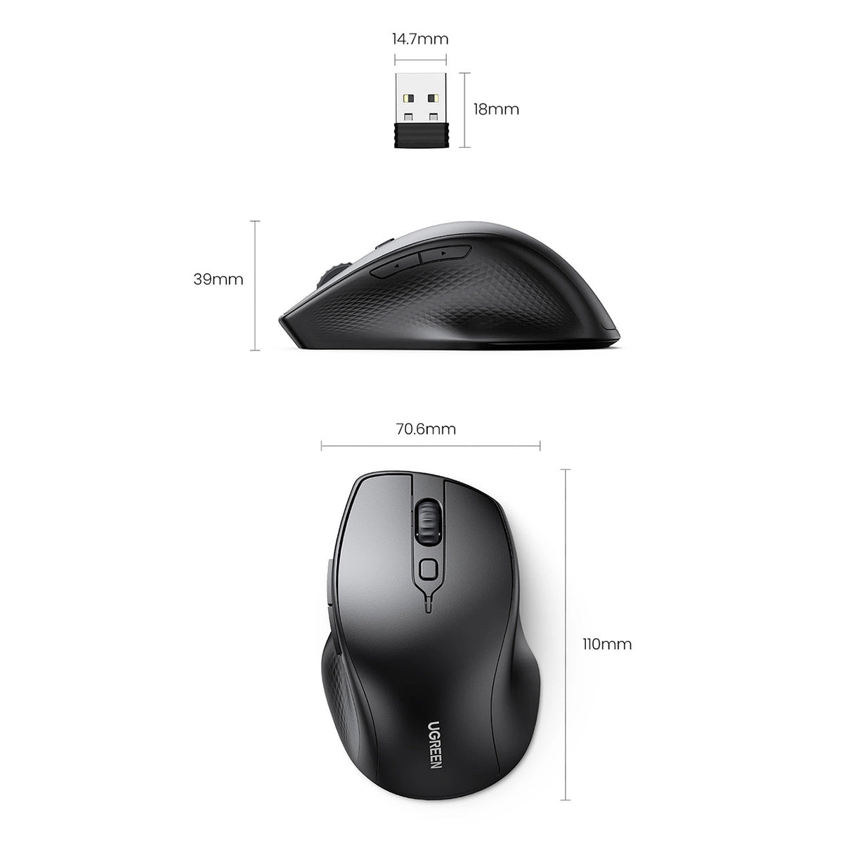 Ugreen ergonomisk trådløs computermus sort (MU101)