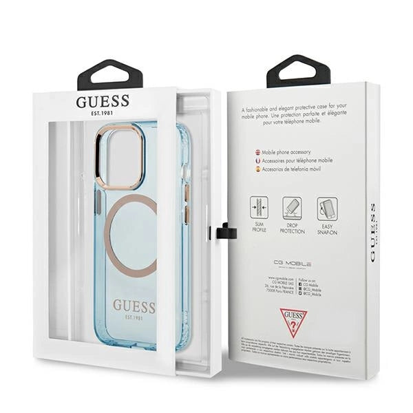 Guess Gold Outline Gennemskinnelig MagSafe-hylster til iPhone 13 Pro / iPhone 13 - blå