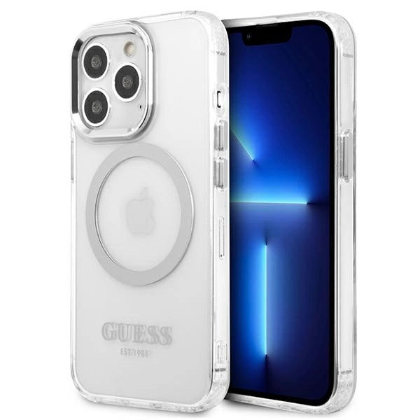 Guess Metal Outline MagSafe-hylster til iPhone 13 Pro / iPhone 13 - sølv