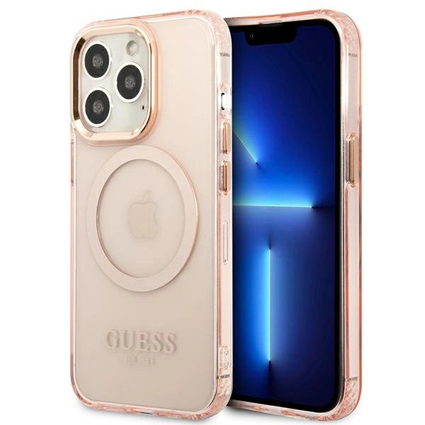 Guess Gold Outline Translucent MagSafe-foder for iPhone 13 Pro Max - pink
