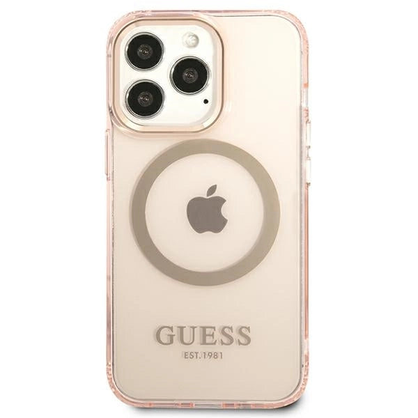 Guess Gold Outline Translucent MagSafe-foder for iPhone 13 Pro Max - pink