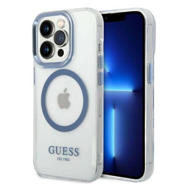 Guess Metal Outline MagSafe-hylster til iPhone 14 Pro - blå